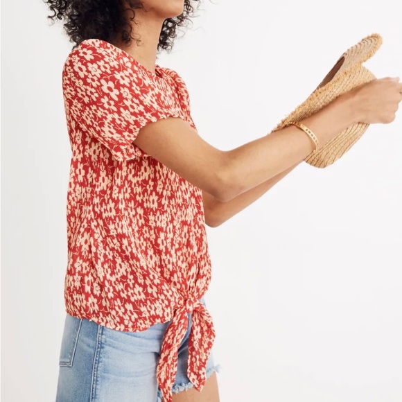 Madewell Women's Crinkled Button-Back Tie Tee in Full Bloom Red Size M - Picture 1 of 7